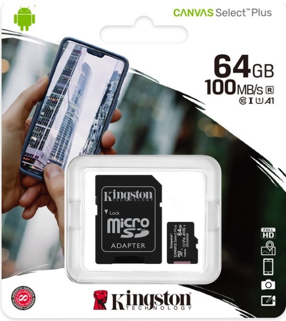 Носитель информации Transflash(MicroSDXC) 64Gb Kingston Canvas Select Plus (SDCS3/64GB) A1 U1 V10 (100 Mb/s) + SD адаптер 