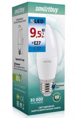 Лампа светодиодная Cвеча (LED) 9,5вт 6000К E27 Smartbuy (SBL-C37-9_5-60K-E27)