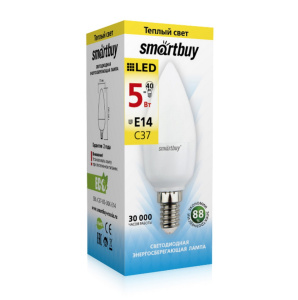 Лампа светодиодная Свеча (C37) 5Вт E14 3000K SmartBuy (C37-05-3000-E14\SBL-C37-05-30K-E14)