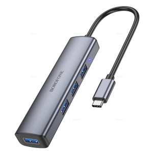 Концентратор Borofone DH12, Smart 4-in-1, 4 гнезда, 4хUSB 3.0, кабель Typ-C 0.2м, цвет: серый