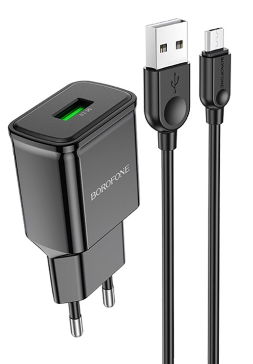 СЗУ 1 USB Borofone BA59A, Heavenly, 3000mA, 18Вт, QC3.0, кабель микро USB, цвет: чёрный