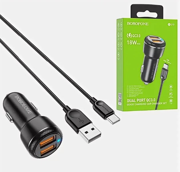 Автомобильное зарядное устройство Borofone BZ17 Core, 2 USB, 3000mA, 18Вт, QC3.0, кабель Type-C, 1.0 м, цвет: чёрный