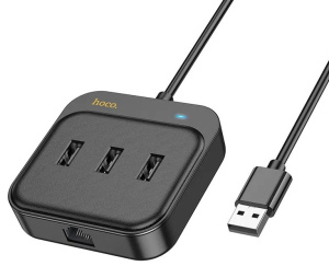 Концентратор HOCO HB35, USB 2.0,  4 гнезда, 3xUSB2.0, RJ45, кабель USB 0.2м, цвет: черный
