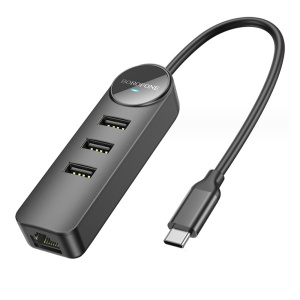 Концентратор Borofone DH6, Erudite 4-in-1, 4 гнезда, 3xUSB 2.0, RJ45, кабель Type-C 0.2м, цвет: чёрный