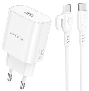 СЗУ Borofone BA82A, Platinum, Type-C, 25Вт, PD, QC, FCP, AFC, кабель Type-C, Type-C, 1.0м, цвет: белый