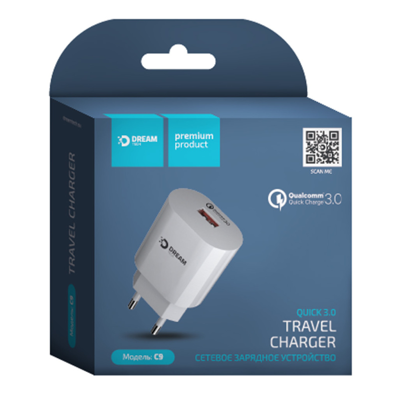 СЗУ DREAM DRM-C9 QuickCharge3.0 2.4A USB (5min-4%, 30.5g) белый (173461)