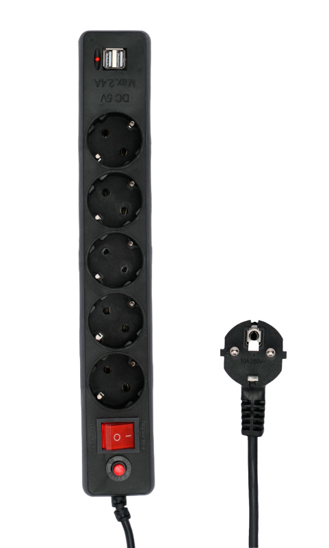 Сетевой фильтр Гарнизон ECL-5-U2-B-1.8, 5р, 10А, 2xUSB, 1.8м, ур.защиты 4, черный, пакет