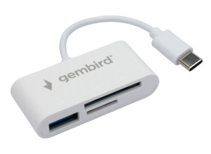 Картридер Gembird FD2-MSD-2, Type-C (OTG), 3в1: SD, TF (MicroSD), USB2.0, кабель 10см, белый