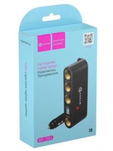 Разветвитель прикуривателя DREAM WF-1204 2A 0.6M (4 гнезда, 2USB) черный (123186)
