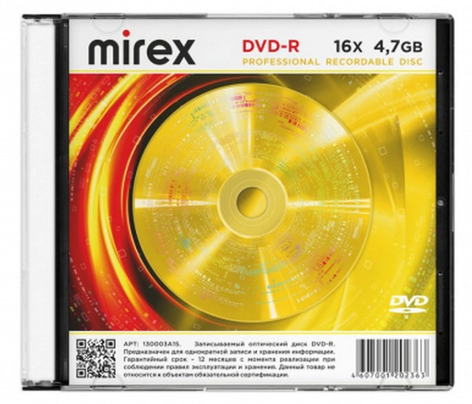 Диск  DVD-R 4,7Gb Mirex 16x Slim (1 диск) (UL130003A1S)