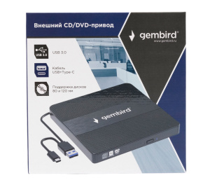 Внешний оптический привод DVD±RW Gembird (DVD-USB-03C) USB 3.0, черный.