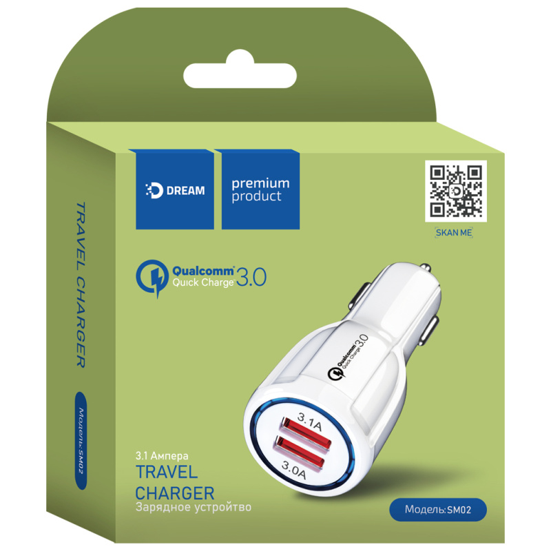 АЗУ DREAM DRM-SM02 2USB 3.1A QC3.0 белый (173602\175126)