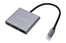 Переходник Gembird UHB-D2, Type-C, 3в1: USB3.1, Type-C PD100W, HDMI,  кабель 15см, алюминий