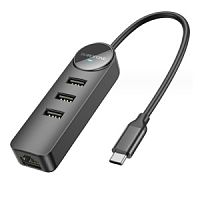 Концентратор Borofone DH6, Erudite 4-in-1, 4 гнезда, 3xUSB 2.0, RJ45, кабель Type-C 0.2м, цвет: чёрный