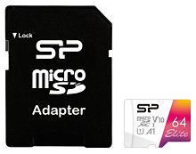 Носитель информации Transflash(MicroSDXC) 64Gb Silicon Power Elite (SP064GBSTXBV1V20SP), Class 10, UHS-I, V10 A1 + SD адаптер